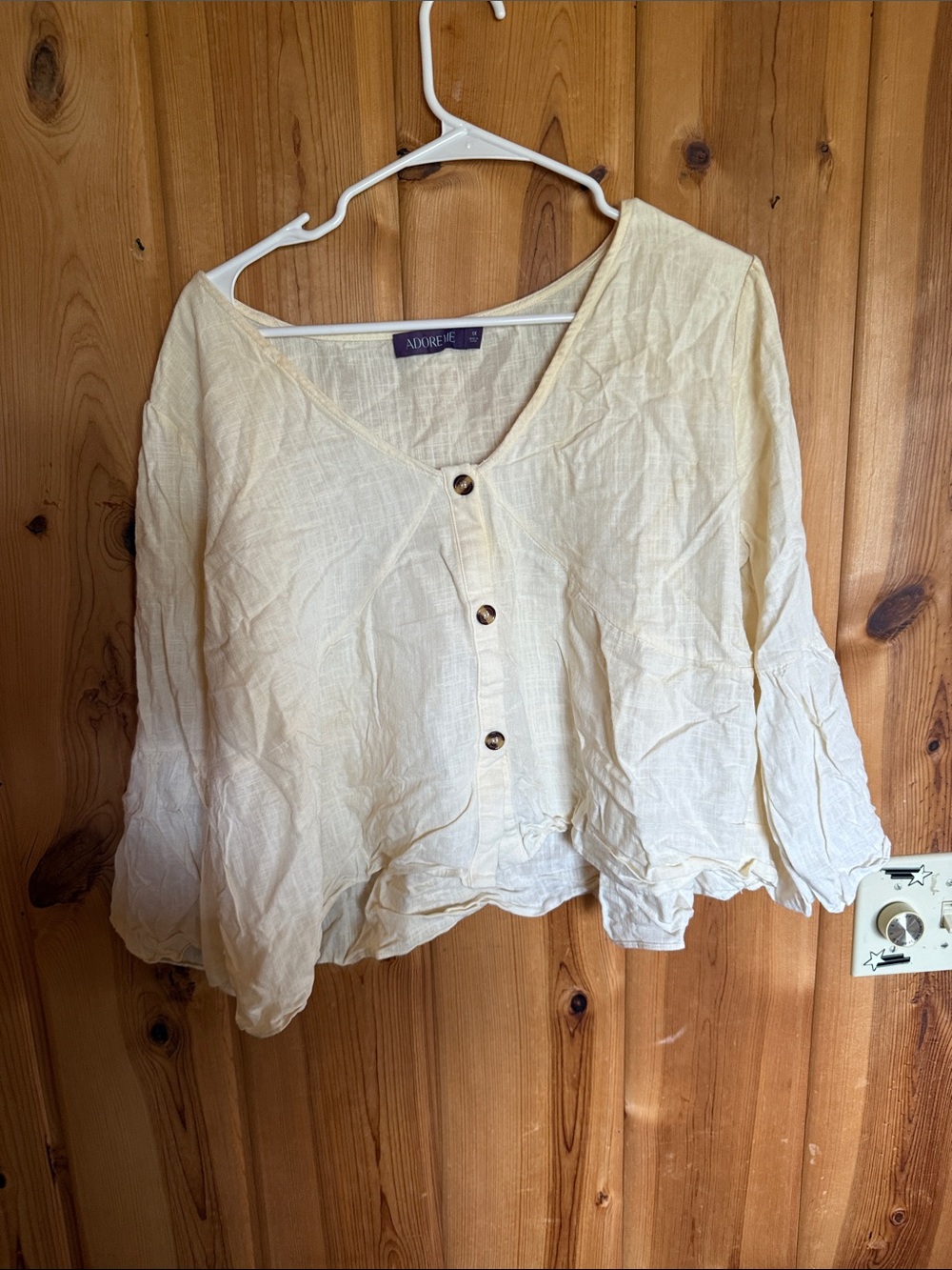 Adore Me Light Cream Button-Front V-Neck Peasant Blouse